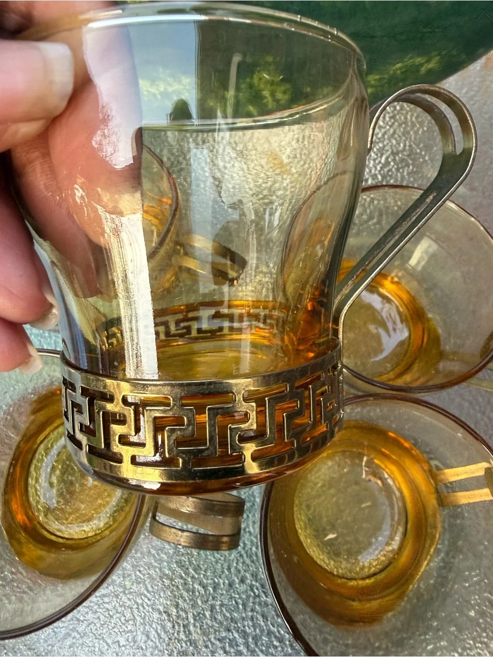Amber Glass Tea Cups with Gold-Tone Filigree Holders - Set of 5